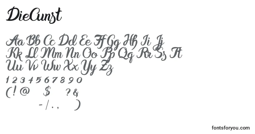 Czcionka DieCunst – alfabet, cyfry, specjalne znaki