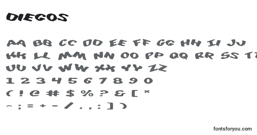 A fonte Diegos (125052) – alfabeto, números, caracteres especiais