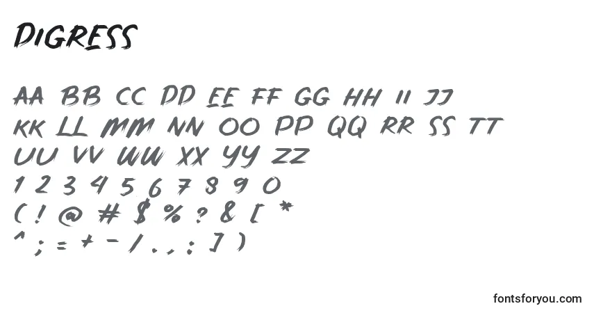 Czcionka Digress – alfabet, cyfry, specjalne znaki