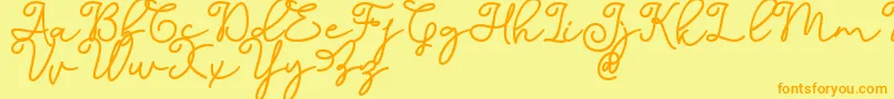 フォントDinila Script DAFONT – オレンジの文字が黄色の背景にあります。