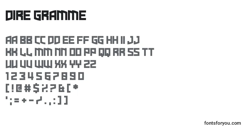 Dire Gramme-fontti – aakkoset, numerot, erikoismerkit