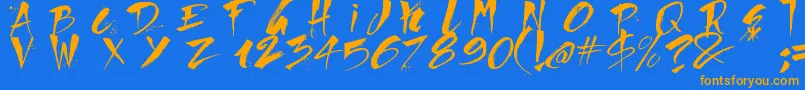 Direct du Gauche-Schriftart – Orangefarbene Schriften auf blauem Hintergrund