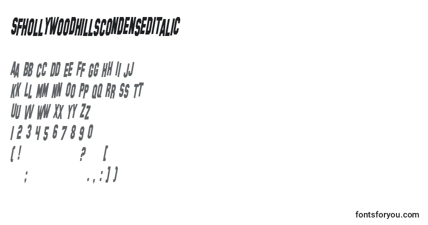 Czcionka SfHollywoodHillsCondensedItalic – alfabet, cyfry, specjalne znaki