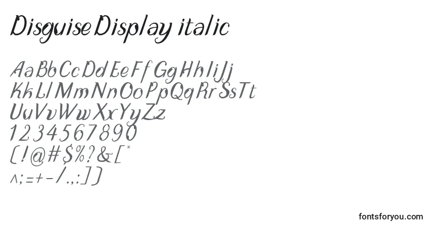 Czcionka Disguise Display  italic – alfabet, cyfry, specjalne znaki