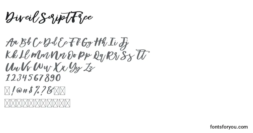 Czcionka DiveilScriptFree – alfabet, cyfry, specjalne znaki