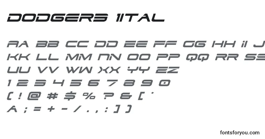 Czcionka Dodger3 1ital – alfabet, cyfry, specjalne znaki