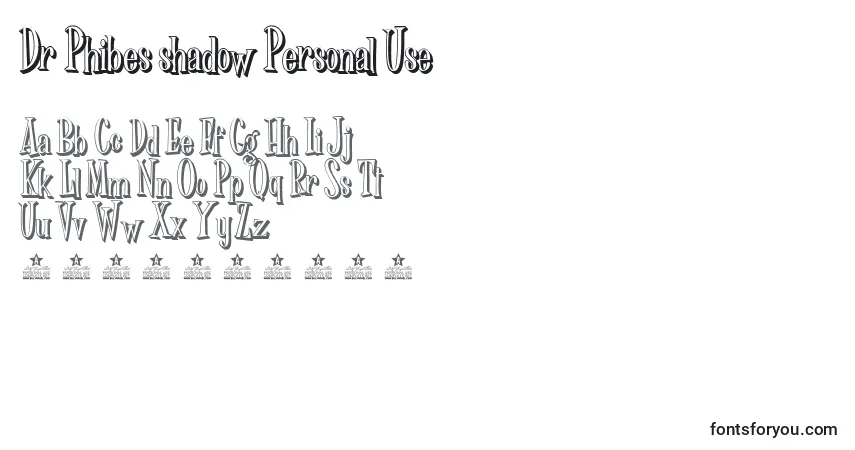 Czcionka Dr Phibes shadow Personal Use – alfabet, cyfry, specjalne znaki