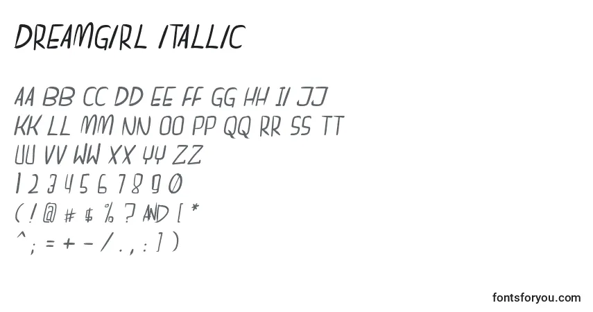 Schriftart Dreamgirl itallic – Alphabet, Zahlen, spezielle Symbole