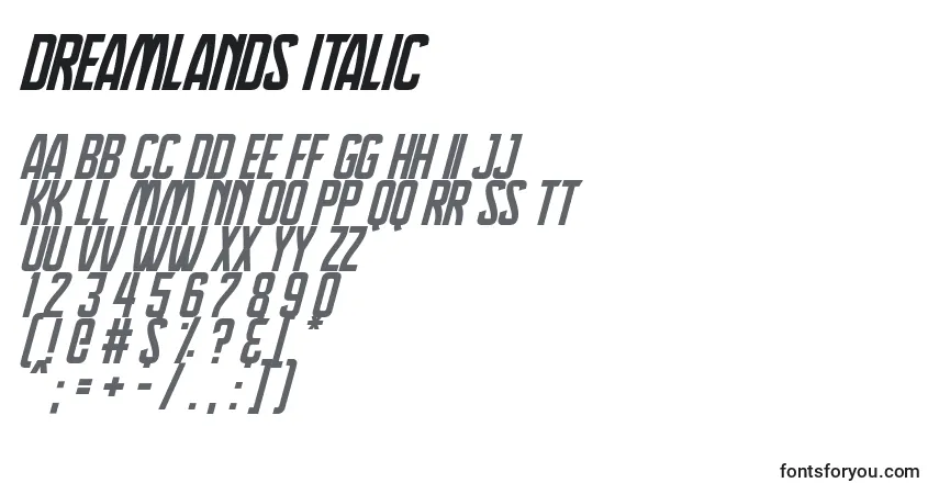 A fonte Dreamlands Italic – alfabeto, números, caracteres especiais