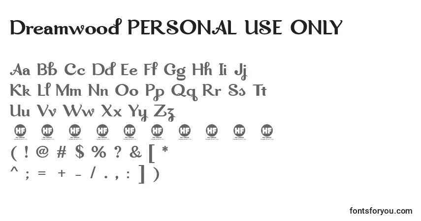 Dreamwood PERSONAL USE ONLY-fontti – aakkoset, numerot, erikoismerkit