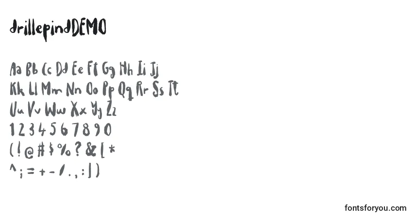 A fonte DrillepindDEMO (125487) – alfabeto, números, caracteres especiais