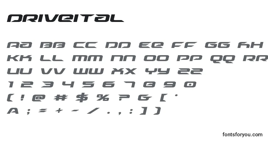 Schriftart Driveital (125504) – Alphabet, Zahlen, spezielle Symbole
