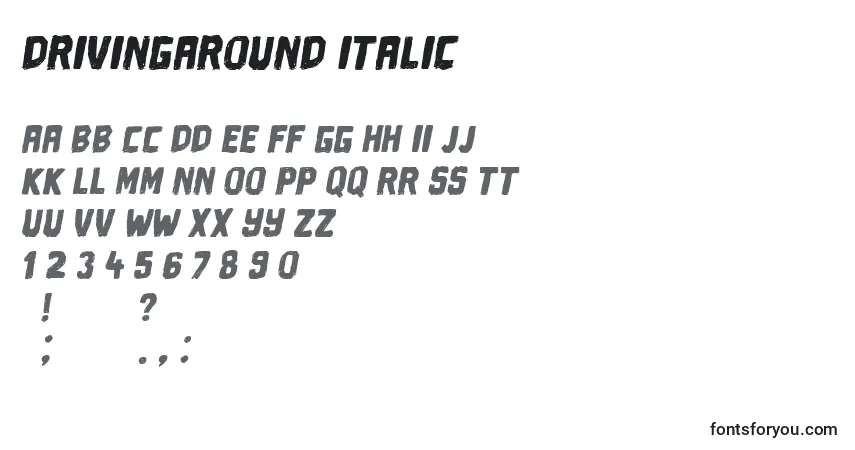 Шрифт DrivingAround Italic – алфавит, цифры, специальные символы