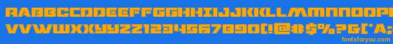 フォントdronetrackeracad – オレンジ色の文字が青い背景にあります。