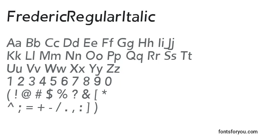 A fonte FredericRegularItalic – alfabeto, números, caracteres especiais