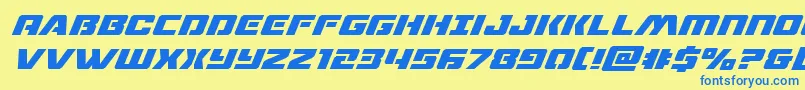 フォントdronetrackersuperital – 青い文字が黄色の背景にあります。
