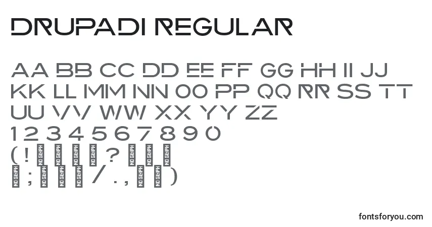 Czcionka Drupadi Regular – alfabet, cyfry, specjalne znaki