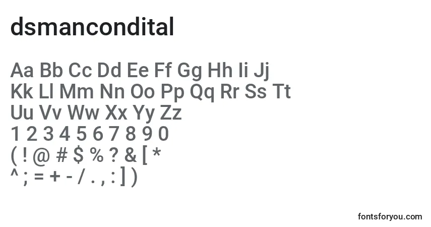 Czcionka Dsmancondital (125585) – alfabet, cyfry, specjalne znaki
