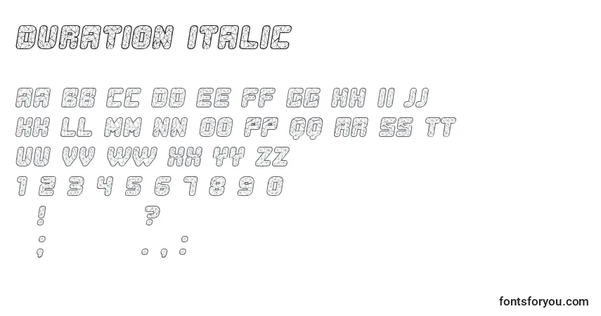 Schriftart Duration Italic – Alphabet, Zahlen, spezielle Symbole