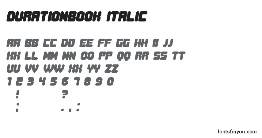 Шрифт DurationBook Italic – алфавит, цифры, специальные символы
