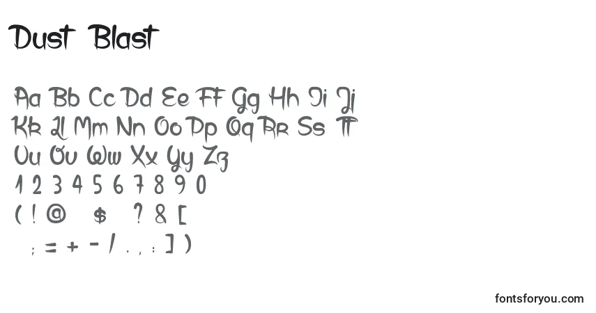 Czcionka Dust  Blast – alfabet, cyfry, specjalne znaki