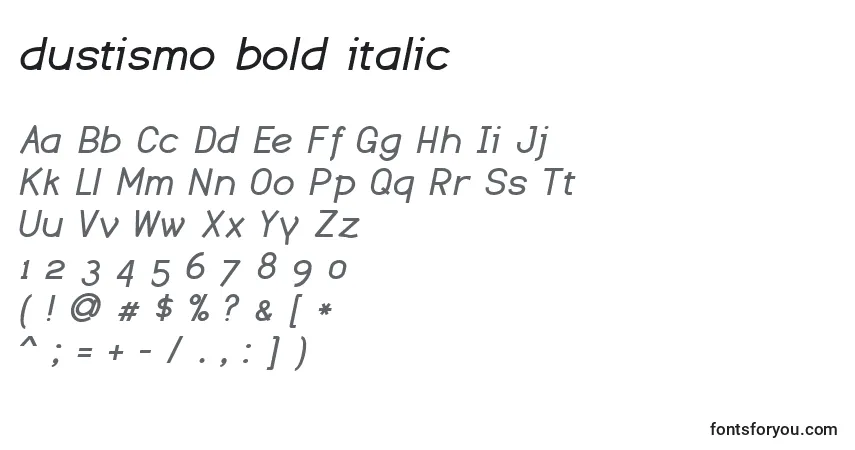 Czcionka Dustismo bold italic – alfabet, cyfry, specjalne znaki