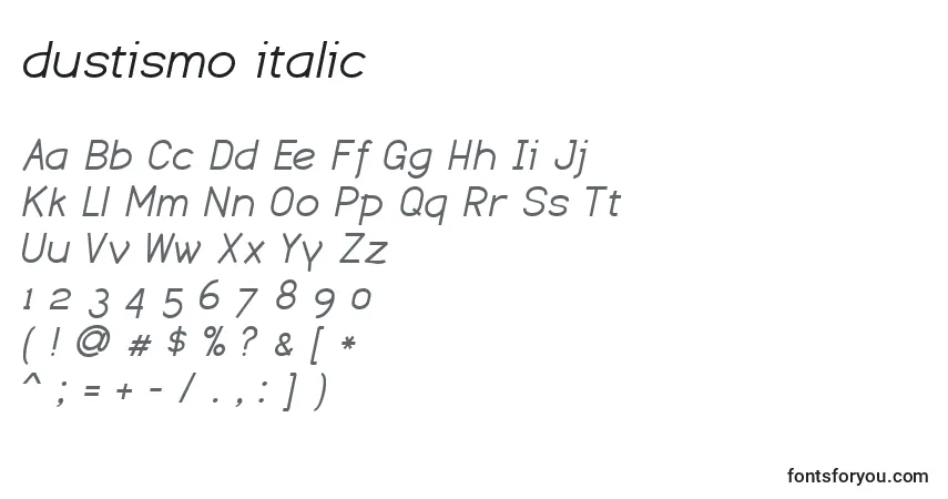 Schriftart Dustismo italic – Alphabet, Zahlen, spezielle Symbole