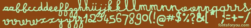 フォントdusty matchbox – 緑色の文字が茶色の背景にあります。