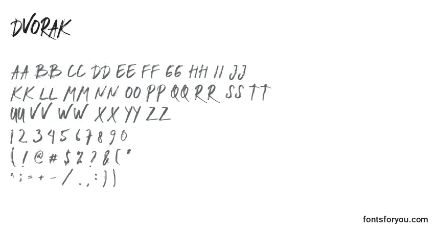 Czcionka DVORAK – alfabet, cyfry, specjalne znaki