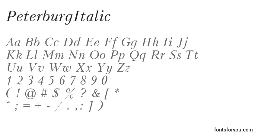 Шрифт PeterburgItalic – алфавит, цифры, специальные символы