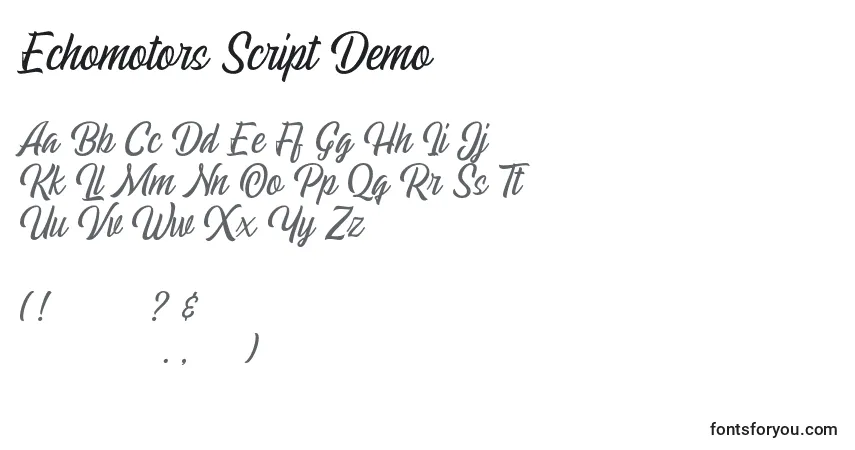 A fonte Echomotors Script Demo – alfabeto, números, caracteres especiais