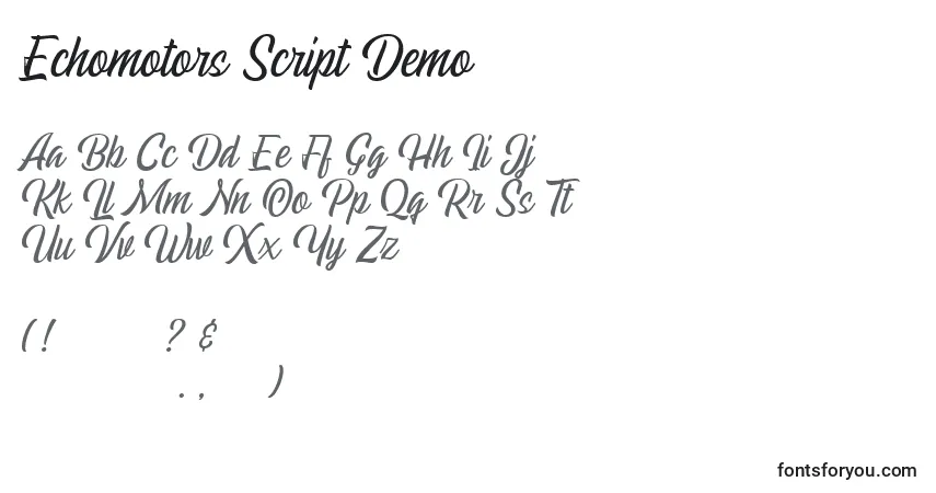 A fonte Echomotors Script Demo (125773) – alfabeto, números, caracteres especiais