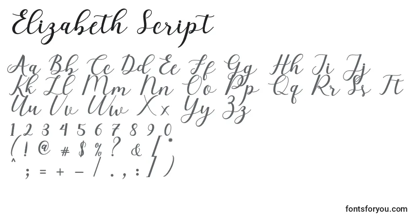 A fonte Elizabeth Script – alfabeto, números, caracteres especiais