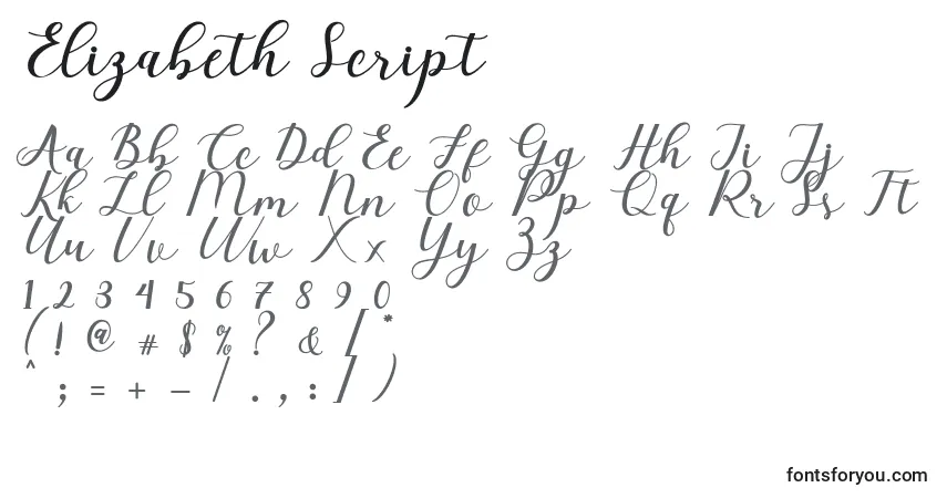 Schriftart Elizabeth Script (125896) – Alphabet, Zahlen, spezielle Symbole