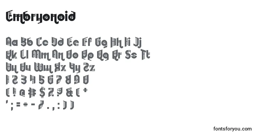 A fonte Embryonoid (125930) – alfabeto, números, caracteres especiais
