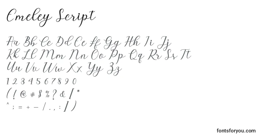 Emeley Script-fontti – aakkoset, numerot, erikoismerkit