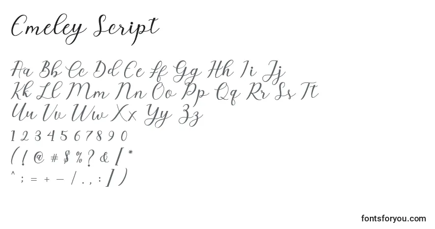 A fonte Emeley Script (125932) – alfabeto, números, caracteres especiais