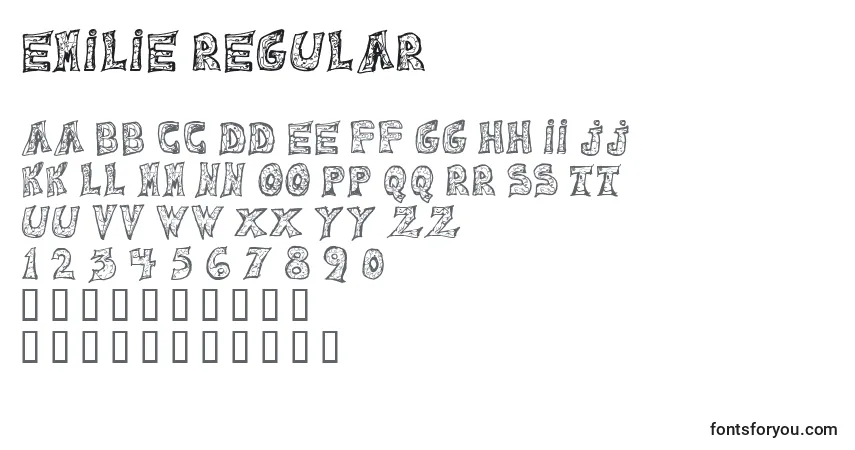 Emilie Regular-fontti – aakkoset, numerot, erikoismerkit