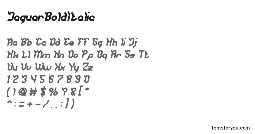 Schriftart JaguarBoldItalic – Alphabet, Zahlen, spezielle Symbole