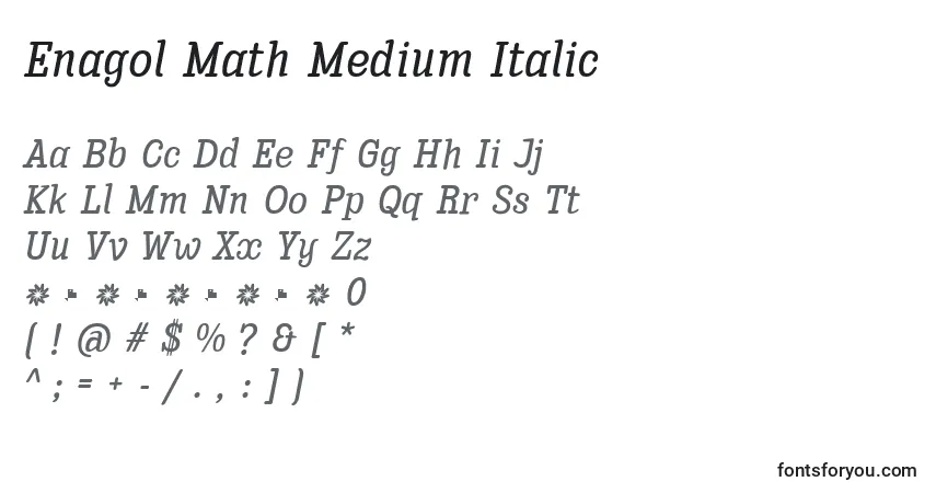 Czcionka Enagol Math Medium Italic – alfabet, cyfry, specjalne znaki