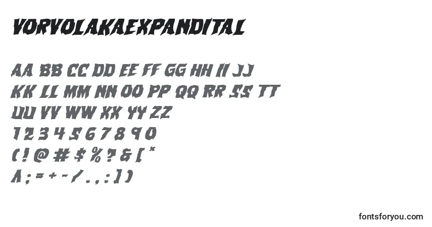 Schriftart Vorvolakaexpandital – Alphabet, Zahlen, spezielle Symbole