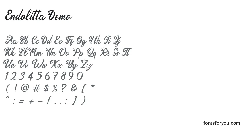 Czcionka Endolitta Demo – alfabet, cyfry, specjalne znaki