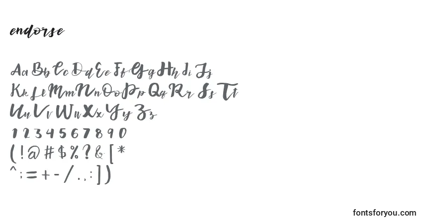 Czcionka Endorse – alfabet, cyfry, specjalne znaki