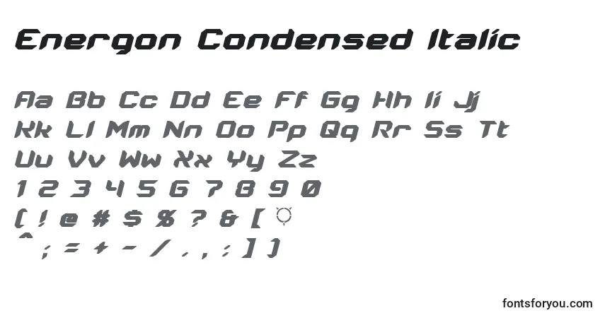 Czcionka Energon Condensed Italic – alfabet, cyfry, specjalne znaki