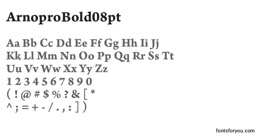 A fonte ArnoproBold08pt – alfabeto, números, caracteres especiais