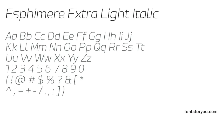 A fonte Esphimere Extra Light Italic – alfabeto, números, caracteres especiais