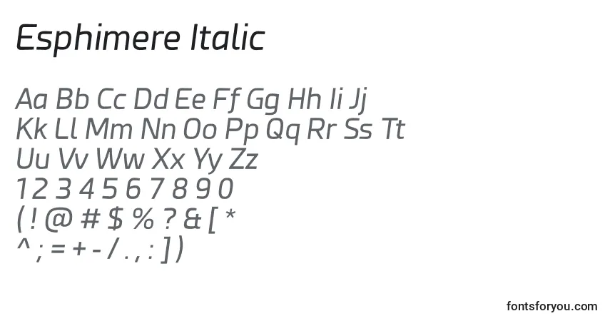 Schriftart Esphimere Italic – Alphabet, Zahlen, spezielle Symbole