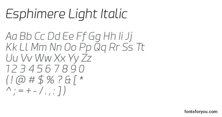 Czcionka Esphimere Light Italic – alfabet, cyfry, specjalne znaki