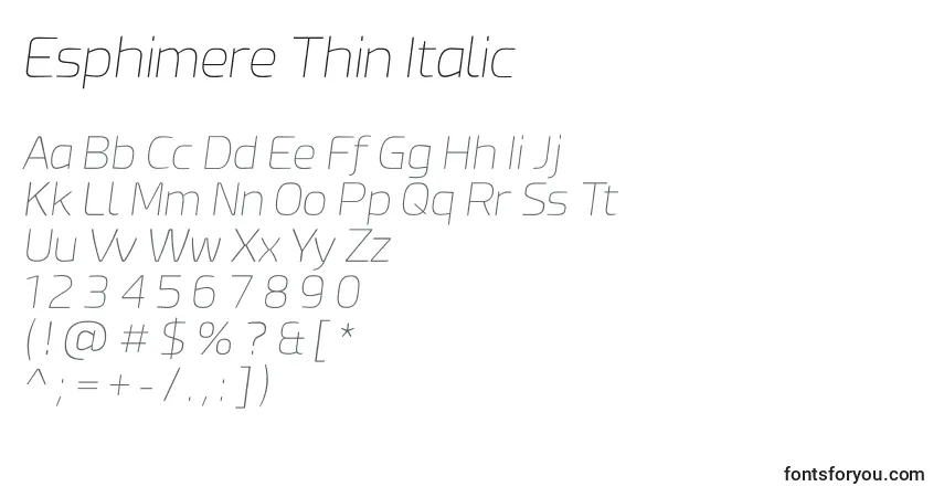 Schriftart Esphimere Thin Italic – Alphabet, Zahlen, spezielle Symbole
