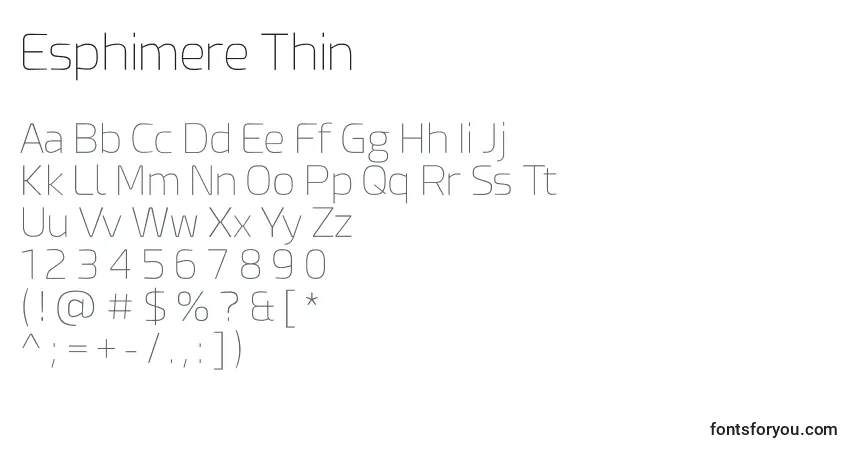 A fonte Esphimere Thin – alfabeto, números, caracteres especiais